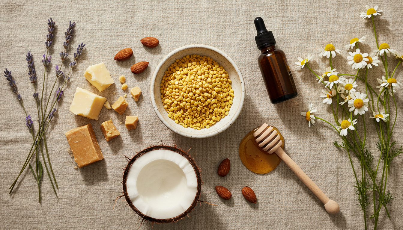 Natural lip balm ingredients on linen